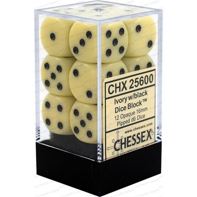 Opaque Ivory/Black 12D6 16mm Dice Set